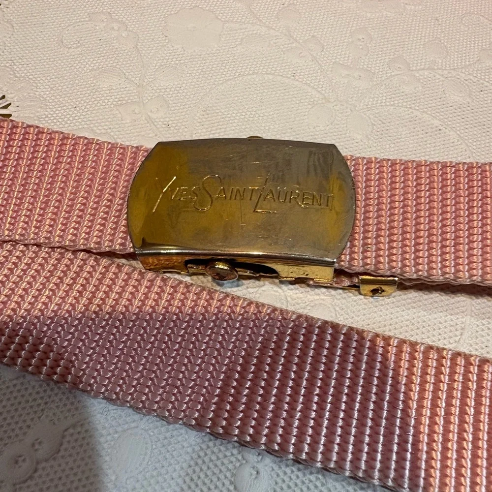 Yves Saint Laurent Vintage Gold Belt Buckle with Pink Woven Strap